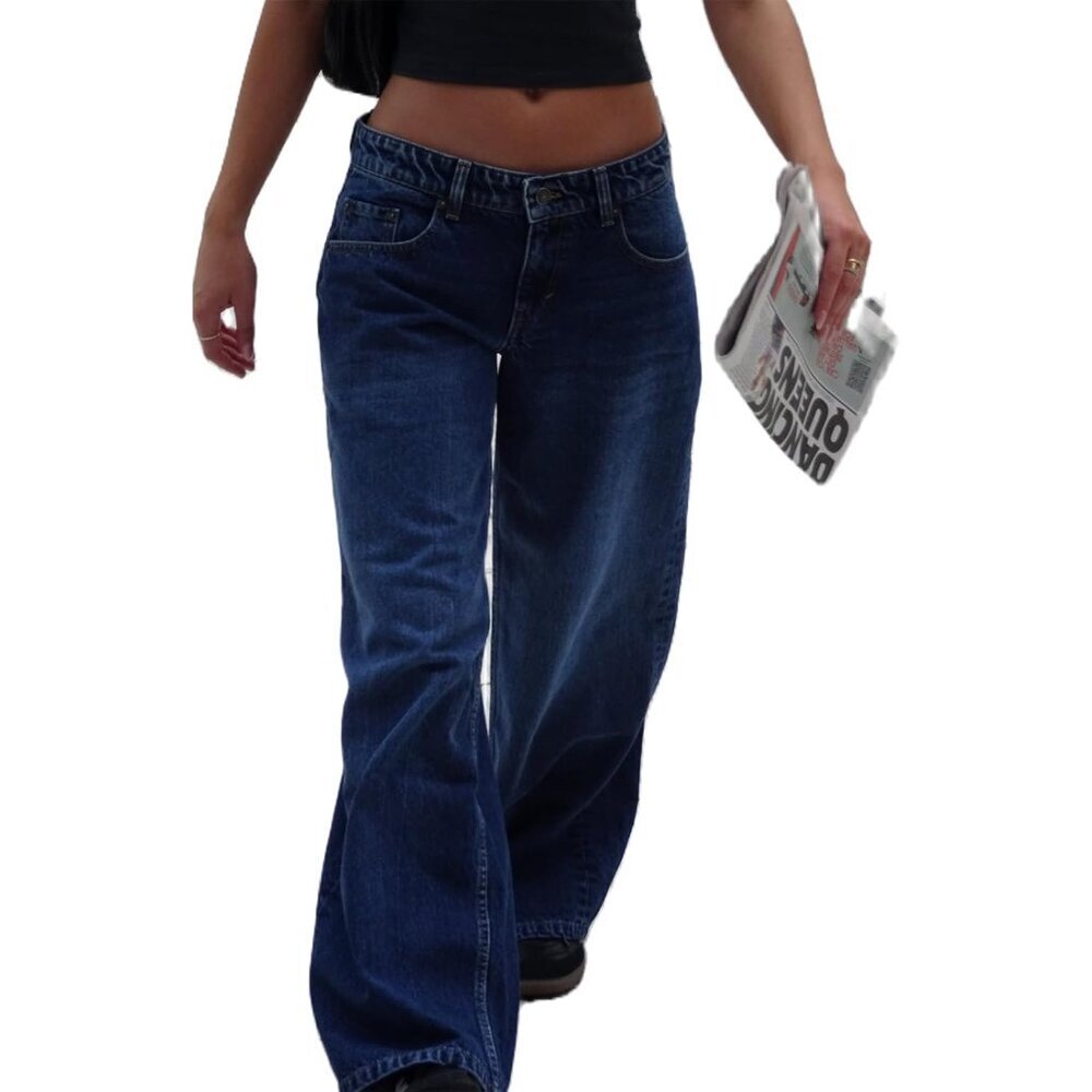 Women Low Rise Baggy Jeans Cotton Elastane Straight Wide Leg Casual